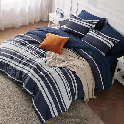 Bedsure Full Comforter Set 7 Pieces, Blue Striped Bedding Set for All Seasons, Reversible, Cationic Dyeing Bed in a Bag with Comforter, Sheets, Pillowcases & Shams