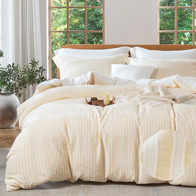 MILDLY Yellow Striped Duvet Cover - 100% Washed Cotton Jacquard Textured Comforter Cover with Dual Zipper Closure & 8 Coner Ties