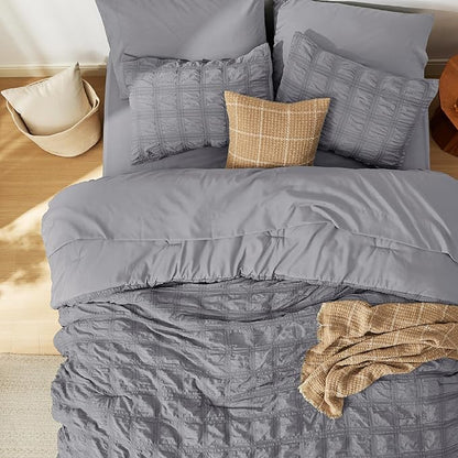 Bedsure Bed in a Bag Full - 7 Pieces Plaid Seersucker Bedding Comforter Sets, Soft Lightweight Grey Boho Bed Set with Comforters Full Size, Sheets, Pillowcases & Shams