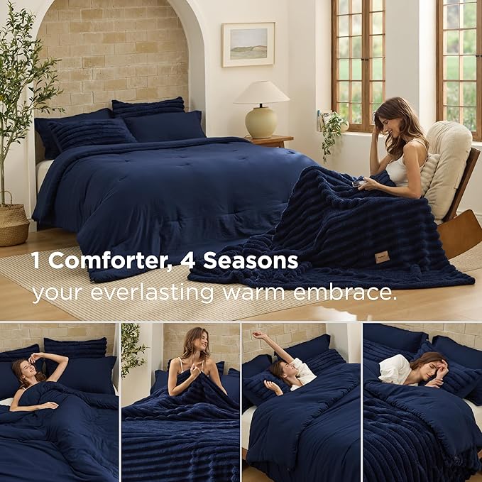 Bedsure Gentlesoft™ 2-in-1 Twin Comforter Set and Detachable Fluffy Blanket, Navy Blue Bedding Set for All Season Use, SnapTech Design for Space Saving (Includes 1 Pillow Sham, 1 Pillowcase)