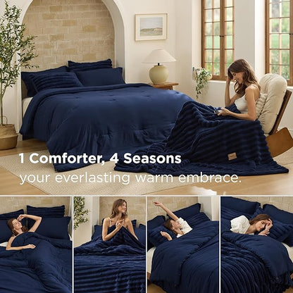 Bedsure Gentlesoft™ 2-in-1 King Size Comforter Set and Detachable Fluffy Blanket, Navy Blue Bedding Set for All Season Use, SnapTech™ Design for Space Saving (Includes 2 Pillow Shams, 2 Pillowcases)