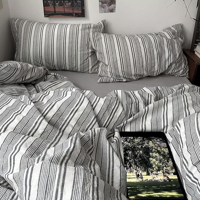 mixinni Vintage Grey & White Striped Comforter Set Full Size - Soft Washed Cotton 3-Piece Neutral Bedding Set, Retro Geometric Pattern, All-Season Breathable & Fluffy for Men, Boys