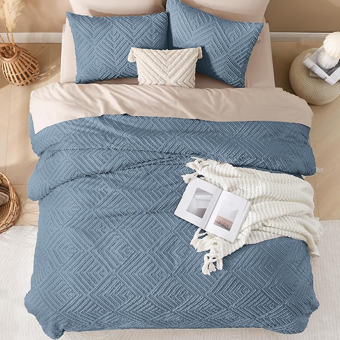 Andency Grayish Blue California King Comforter Set, 3 Pieces Grayish Blue Boho Bedding Set & Collections, Farmhouse Tufted Fluffy Bed Set for California King Bed (1 Comforter 104x96In, 2 Pillowcases)