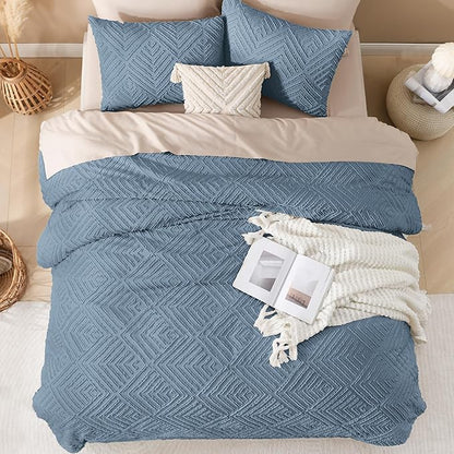 Andency Greyish Blue Comforter Oversized King Size Set 120''x98'', 3 Pieces Soft Boho Bedding Set & Collections, Tufted Fluffy Shabby Chic Bed Set for All Seasons (1 Comforter, 2 Pillowcases)