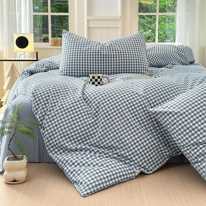 Blue Gingham Duvet Cover Queen 100% Washed Cotton Blue White Plaid Duvet Cover Reversible 3 Pieces Buffalo Grid Comforter Cover with 2 Pillowcases Luxury Soft Gingham Plaid Bedding Set Breathable