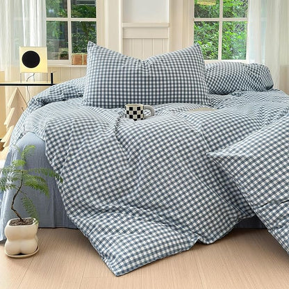 LifeTB Blue Gingham Duvet Cover Set Twin Size Soft 100% Washed Cotton Grid Duvet Cover Blue White Plaid Checkered Comforter Cover Breathable Farmhouse Gingham Bedding Set Twin