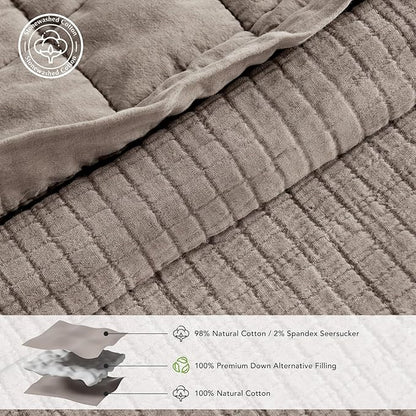 EVERGRACEHOME Stonewashed Cotton Quilt Set King Size, Ultra Soft Oversized Bedspread Coverlet Set, Lightweight Crinkle Box Stitch Bedding Sets for All Season, with 2 Shams, Truffle Taupe Brown