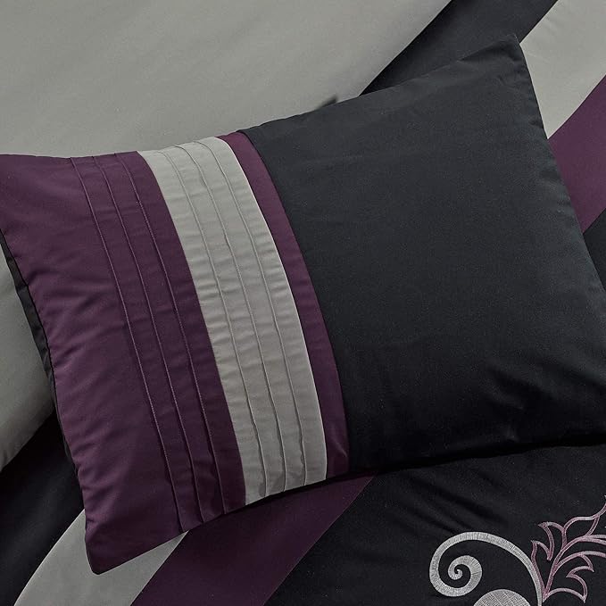 Chezmoi Collection Napa 7-Piece Luxury Leaves Scroll Embroidery Bedding Comforter Set (Queen, Purple/Black/Gray)