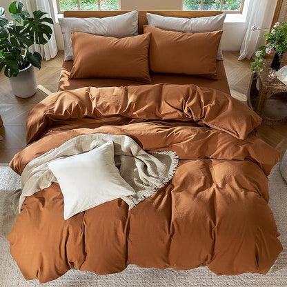 MooMee Bedding Duvet Cover Set 100% Washed Cotton Linen Like Textured Breathable Durable Soft Comfy (Solid Dark Orange, Super King 108"x98")