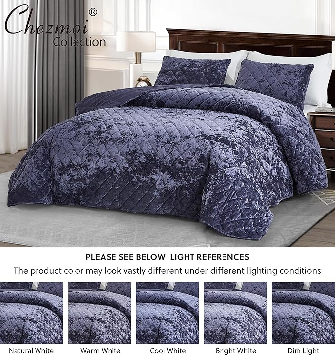 Chezmoi Collection Lux Purple Velvet Quilt King Set, 3-Piece Plush Distressed Velvet Bedding All Season Lightweight Comforter Brushed Microfiber Reverse with Diamond Stitch Quilting