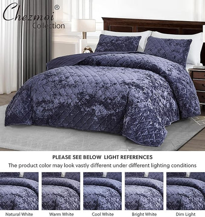 Chezmoi Collection Lux Purple Velvet Quilt King Set, 3-Piece Plush Distressed Velvet Bedding All Season Lightweight Comforter Brushed Microfiber Reverse with Diamond Stitch Quilting