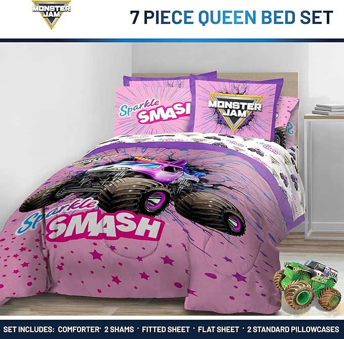 Jay Franco Kids Comforter Set Includes Sheets and Pillow Covers - Soft and Cozy Bed Set for Stylish Room Decor, Pink - Monster Jam, 7 Piece Queen Bedding