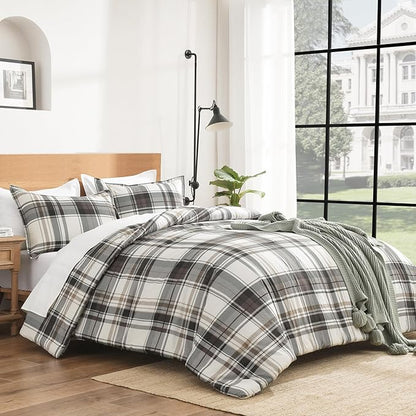 Andency Gray Brown Black Plaid Comforter Set Twin(66x90 Inch), 2 Pieces Grid Gingham Stripes Bedding Comforter Sets for Boys Girls Kids Teens, Preppy Geometric Line Soft Lightweight Reversible Bed Set