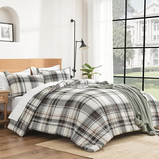 Andency Gray Brown Black Plaid Comforter Set Twin(66x90 Inch), 2 Pieces Grid Gingham Stripes Bedding Comforter Sets for Boys Girls Kids Teens, Preppy Geometric Line Soft Lightweight Reversible Bed Set