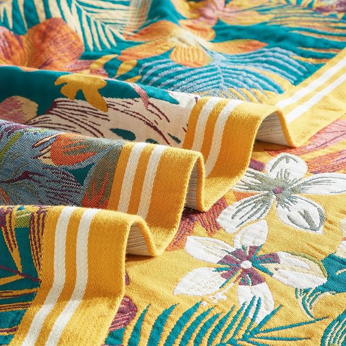Boho Throw Blanket for Bed 80”x90”, 100% Cotton Woven Blanket for Couch Sofa, Ultra Soft 4-Layer Muslin Quilt with Floral Printed, Farmhouse Bed Blanket/Cover for Living Room Decor