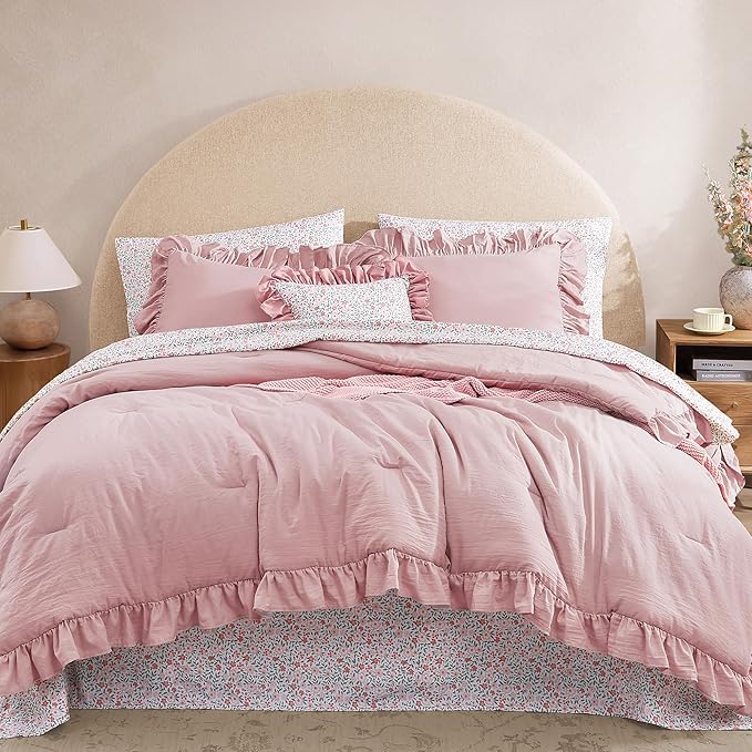 Full Comforter Set - 7 Pieces Ruffle Soft Pink Bedding Sets, Shabby Chic Farmhouse Bed in a Bag Full with Ruffle Comforter, Floral Sheets, Pillowcases & Shams