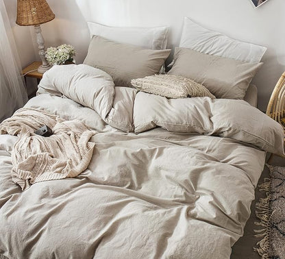 MooMee Bedding Duvet Cover Set 100% Washed Cotton Linen Like Textured Breathable Durable Soft Comfy (Heathered Tannish Linen Grey, Palatial King/Oversized King 120"x98")
