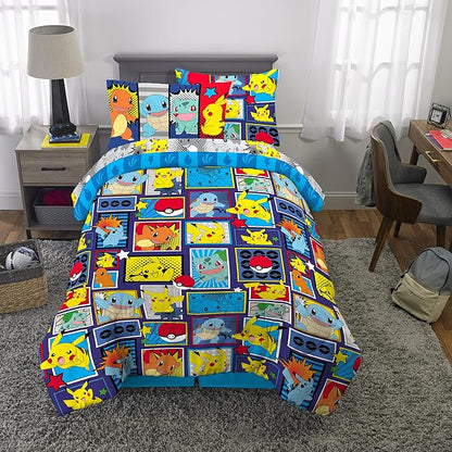 Pokémon Pikachu Twin Size Bedding, Kids Bedding Super Soft Cozy Reversible Comforter and Sheet Set with Sham, 5 Piece Twin Size, (Officially Licensed Product) by Franco