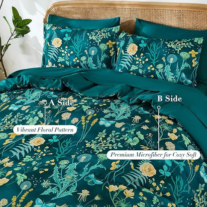 Yiran King Size Comforter Set 7 Piece, Teal Green Floral Bedding Set, Lightweight Bed in a Bag King with Botanical Flowers Spring, Soft Microfiber Complete Bedding Set with Sheets for All Season