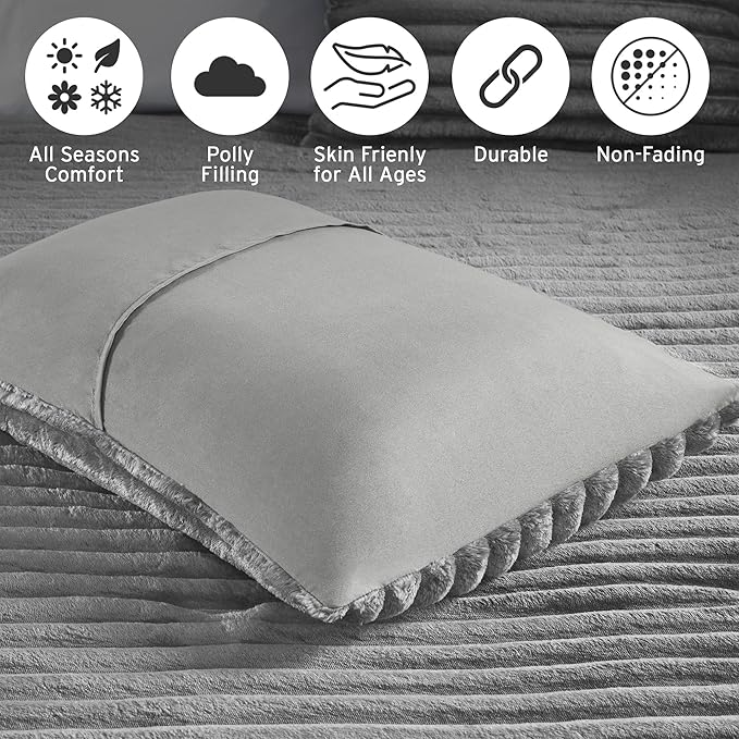 Intelligent Design King Comforter Set, Cozy Plush Bedding, Microfiber Reverse, 3 Piece, Lightweight, Super Soft Ribbed Velvet Comforter 2 Shams, All Season Fluffy Bed Set, Avril, King/Cal King Grey