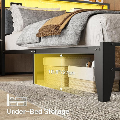 OLEVS Queen Size Bed Frame with Charging Station & LED Light, 2-Tier Storage Headboard & Footboard, Noise-Free Metal Platform Bed No Box Spring Needed, Easy Assembly