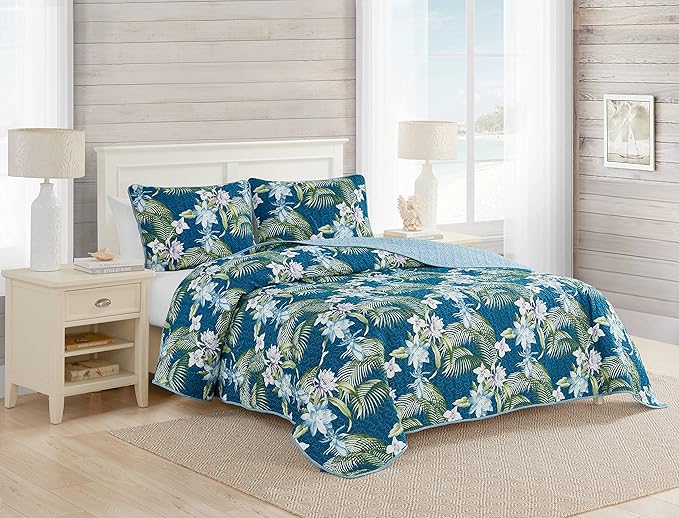 Tommy Bahama - Queen Quilt Set, Reversible Cotton Bedding with Matching Shams, Breathable Bedding Set for All Seasons (Southern Breeze Dark Blue, Queen)