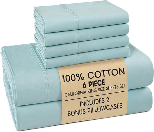 Casa Platino Cal King Sheets Sets – 100% Cotton Cal King Sheets Cooling with 4 Pillowcases, 15" Deep Pocket Fitted Sheet, Crisp & Smooth Feel, Ultra Soft & Cozy, Fit – Blue Sky