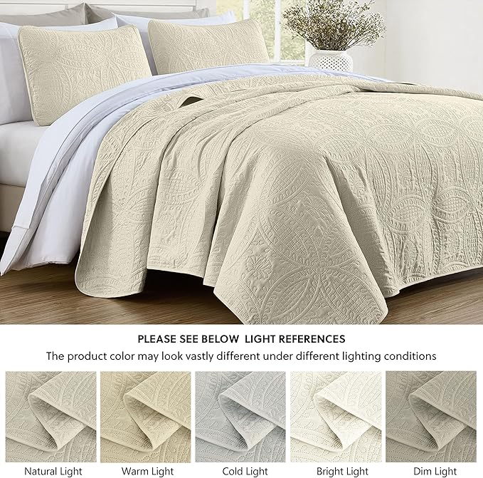 Chezmoi Collection Austin 3-piece Oversized Bedspread Coverlet Set (King, Ivory) | Oversized, Lightweight, Fade Resistant