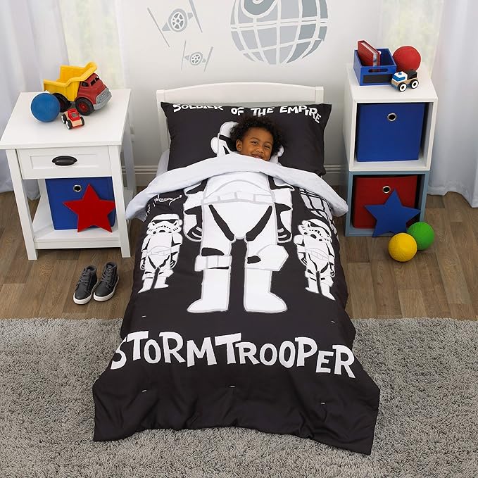Disney Star Wars Storm Trooper Black and White 4 Piece Toddler Bed Set - Comforter, Fitted Bottom Sheet, Flat Top Sheet, and Reversible Pillowcase