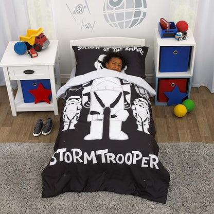 Disney Star Wars Storm Trooper Black and White 4 Piece Toddler Bed Set - Comforter, Fitted Bottom Sheet, Flat Top Sheet, and Reversible Pillowcase