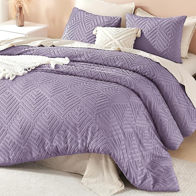 Litanika Grayish Purple Queen Comforter Set, 3 Pieces Tufted Boho Farmhouse Bedding Comforter Sets, Lightweight Fluffy Comforter Bed Set for All Season (90x90In Comforter and 2 Pillowcases)