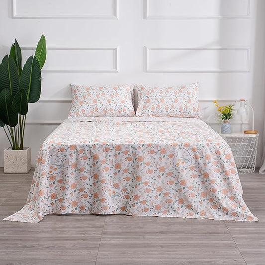 Spring Floral Printed Sheet Set Full Size, 4 Piece Soft Botanical Microfiber Sheets and Pillowcases - Deep Pocket, Wrinkle Free and Soft Bed Sheets Set Bedding Decor
