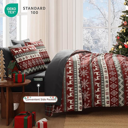 MaiRêve Christmas Full Comforter Sets, Red Reindeer Snowflake Bed Set for Holiday, Reversible Plaid Checkered Comforter Bed in a Bag, Soft Bedding Set 7 Pieces with Sheets, Pillowcases & Shams