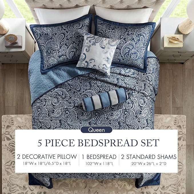 Madison Park Aubrey Reversible Quilted Bedspread Set, Solid Reverse Summer Breathable, Lightweight All Season Bedding Layer, Matching Shams, Bedspread Queen(102"x118"), Navy 5 Piece