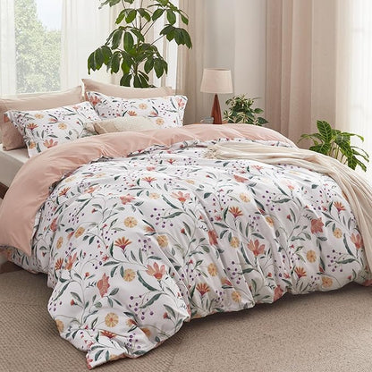 Bedsure Duvet Cover Queen Size - Reversible Floral Duvet Cover Set with Zipper Closure, 3 Pieces Pale Blush Bedding Set with 8 Corner Ties and 2 Pillow Shams 20"x26"