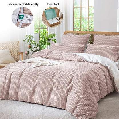 MILDLY Jacquard Stripe Duvet Cover - 100% Washed Cotton Pale Mauve Boho Textured Comforter Cover Set with Zipper Closure 80"x90"