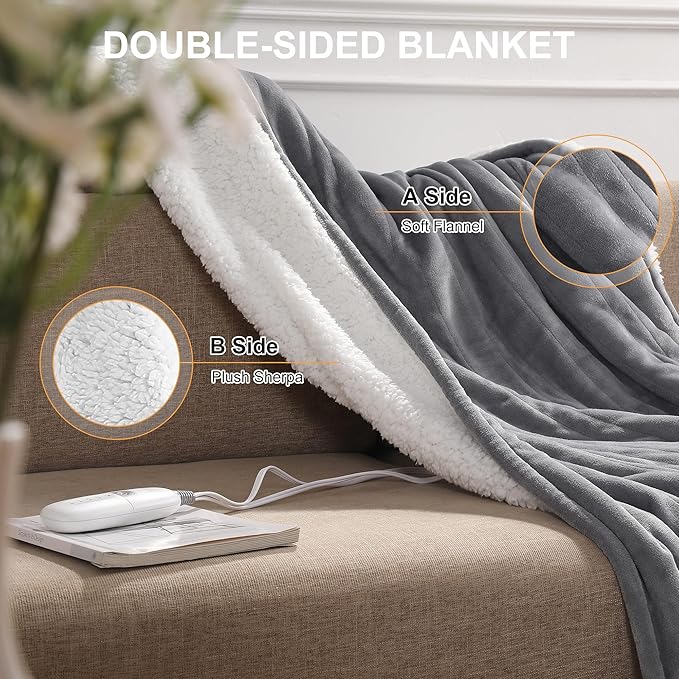 Heated Blanket Full Electric Blanket 72X84in - Fast Heating Blanket for Adults Ultra Soft Sherpa Blankets with 5 Heat Levels & 10 Hrs Timer, Machine Washable, Office Warm Blanket for Winter(Gray)
