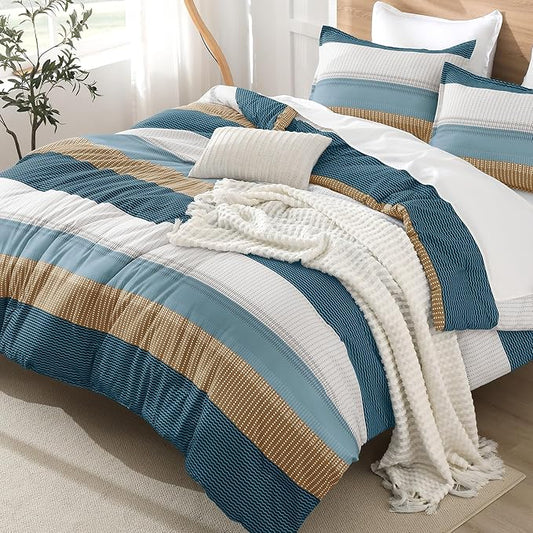 Litanika Comforter Set Queen Size Green Yellow - 3 Pieces Lightweight Colorblock Stripe Fluffy Bedding Comforter Sets, All Season Bed Set