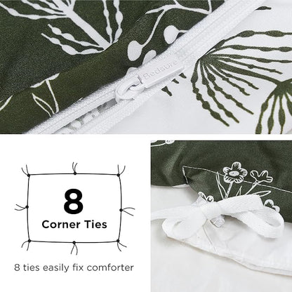 Bedsure Duvet Cover Queen Size - Reversible Dark Green Queen Duvet Cover Set with Zipper Closure, 3 Pieces Floral Patterned Bedding Set with 8 Corner Ties and 2 Pillow Shams