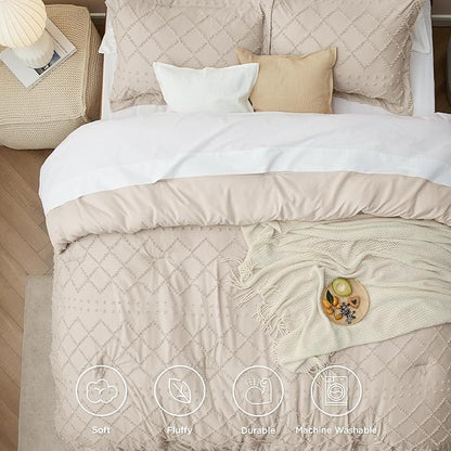 Bedsure Full Comforter Set - Beige Comforter, Boho Tufted Shabby Chic Bedding for Kids, 3 Pieces Vintage Farmhouse Bed Set for All Seasons, Fluffy Soft Bedding with 2 Pillow Shams