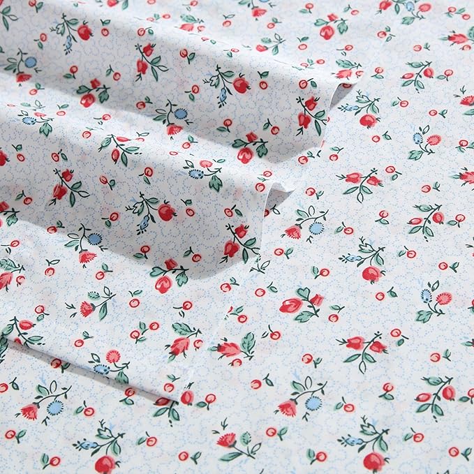 Laura Ashley - Queen Sheet Set, Crisp & Cool Cotton Percale Bedding with Deep Pockets, Lightweight for Year Round Comfort, Bed Sheets with Matching Pillowcases (Aylesmore Ditsy Red)