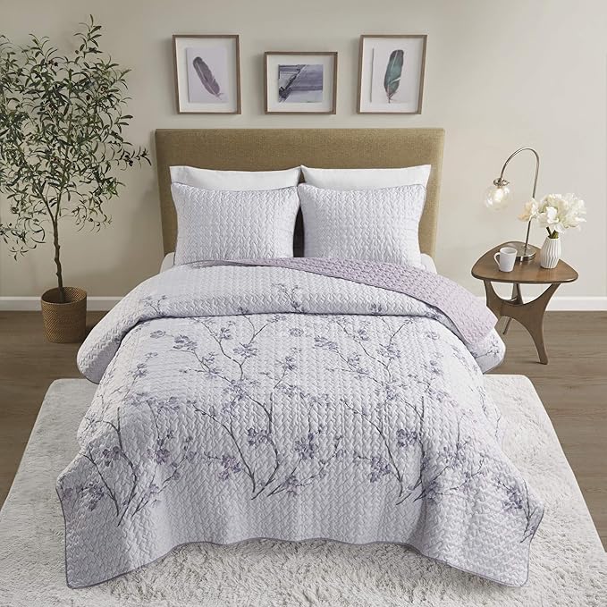 Comfort Spaces Reversible Quilt Set-Vermicelli Stitching Design All Season, Lightweight, Coverlet Bedspread Bedding, Matching Shams, King (104 in x 90 in), Kate Floral Purple 3 Piece