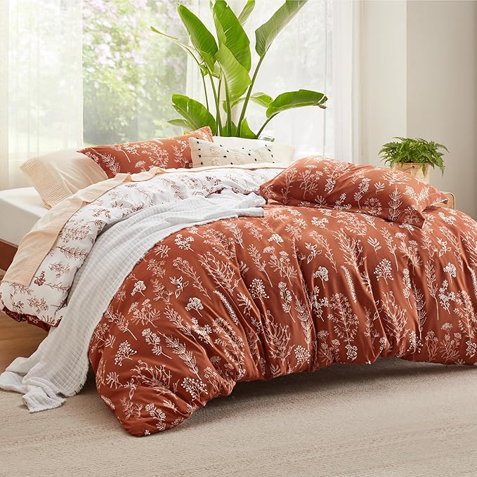 Bedsure Duvet Cover King Size - Reversible Terracotta King Duvet Cover Set with Zipper Closure, 3 Pieces Floral Patterned Bedding Set with 8 Corner Ties and 2 Pillow Shams