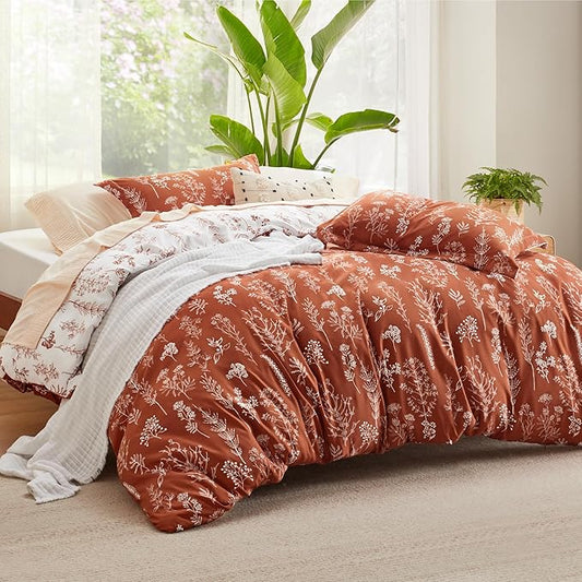 Bedsure Twin/Twin XL Duvet Cover - Reversible Terracotta Duvet Cover Set with Zipper Closure, 2 Pieces Cute Floral Botanical Pattern Bedding Set with 8 Corner Ties and 1 Pillow Sham
