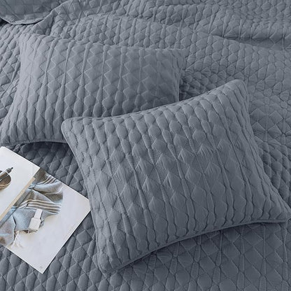 WDCOZY Blue Quilts Queen Size Bedding Sets with 2 Pillow Shams, Lightweight Soft Bedspread Coverlet, Quilted Blanket Thin Comforter Bed Cover for All Season, 3 Pieces, 90x90 inches