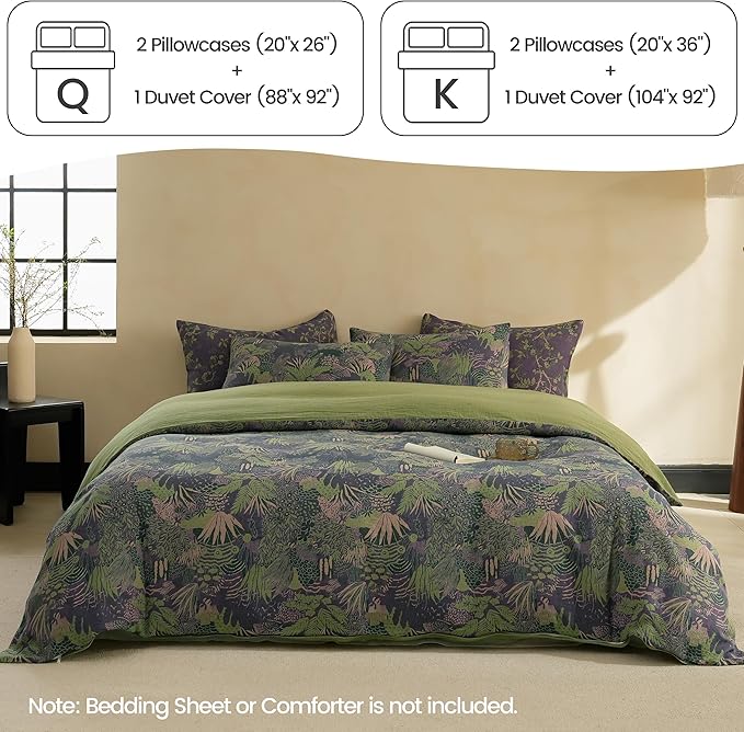 BISELINA 100% Cotton Muslin Duvet Cover Set Queen, 3 Pcs Yarn-Dyed Jacquard Textured Reversible Botanical Floral, Soft and Breathable Bedding Set with Zipper Closure, Purple Green