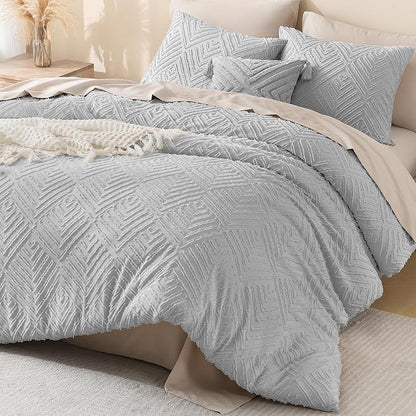 Litanika Super King Comforter Light Grey, 3 Pieces Tufted Boho Farmhouse Bedding Comforter Set, Lightweight Fluffy All Season Comforter Set (120x120In Comforter & 2 Pillowcases)