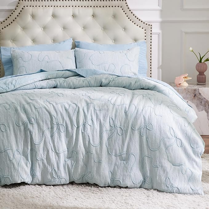 Bedsure Dusty Blue King Size Comforter Set, GentleSoft™ 3 Pieces Breathable Bow Comforter Set Women with 2 Pillow Shams, Cute King Bedding Set Room Decor Aesthetic Bedroom Decor, 104x90 Inches