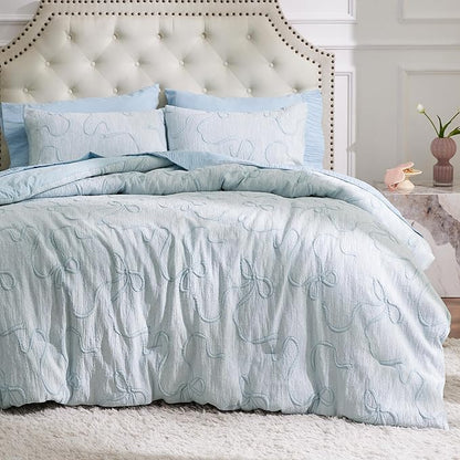 Bedsure Dusty Blue King Size Comforter Set, GentleSoft™ 3 Pieces Breathable Bow Comforter Set Women with 2 Pillow Shams, Cute King Bedding Set Room Decor Aesthetic Bedroom Decor, 104x90 Inches