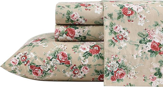 Laura Ashley - Twin Sheets, Cotton Percale Bedding Set, Lightweight & Breathable Home Decor (Ashfield Beige, Twin)